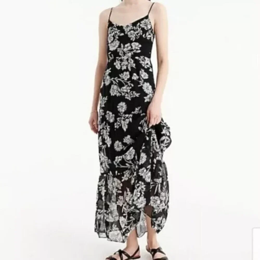 J. Crew Women's 6 Black & White Chiffon Floral Tiered Maxi Dress Wedding Summer